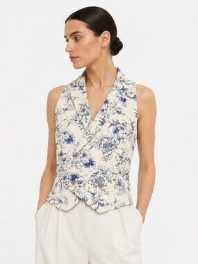 NWT JASON WU WHITE BLUE FLORAL LINEN BLEND HALTER BLAZER TOP WA50348-101-6PA - 2